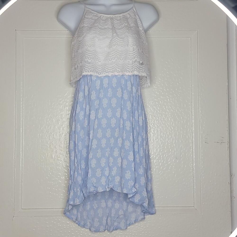 Girl's blue & white dress 12 lace detail on top spaghetti straps high/low cut